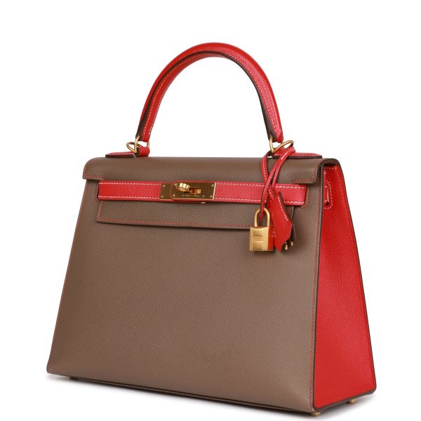 Top Quality Hermes Special Order (HSS) Kelly Sellier 28 Etoupe and Rouge Tomate Epsom Brushed Gold Hardware For Sale