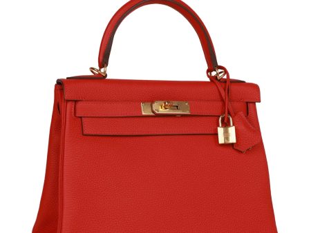 Top Quality Hermes Kelly Retourne 28 Rouge Casaque Togo Gold Hardware For Discount