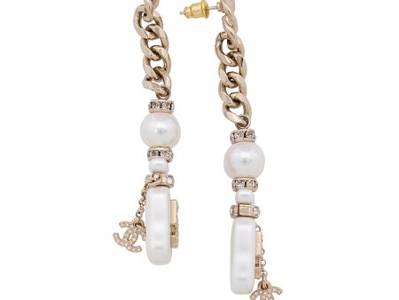 Chanel CC Pearl Resin Crystal No. 5 Perfume Bottle Chain Drop Earrings (20524) Hot on Sale