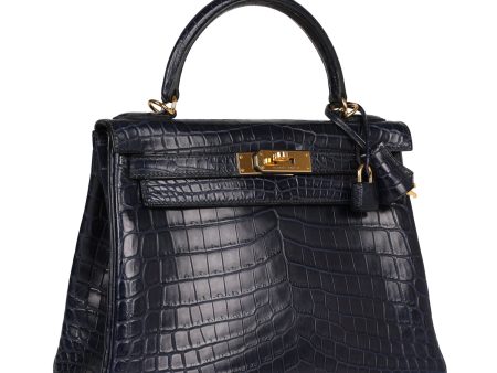 Top Quality Hermes Kelly Retourne 28 Bleu Indigo Matte Niloticus Crocodile Gold Hardware Discount