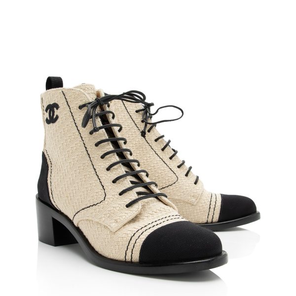 Chanel Fabric Grosgrain CC Lace Up Ankle Boots - Size 7.5   37.5 (23346) Hot on Sale