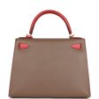 Top Quality Hermes Special Order (HSS) Kelly Sellier 28 Etoupe and Rouge Tomate Epsom Brushed Gold Hardware For Sale